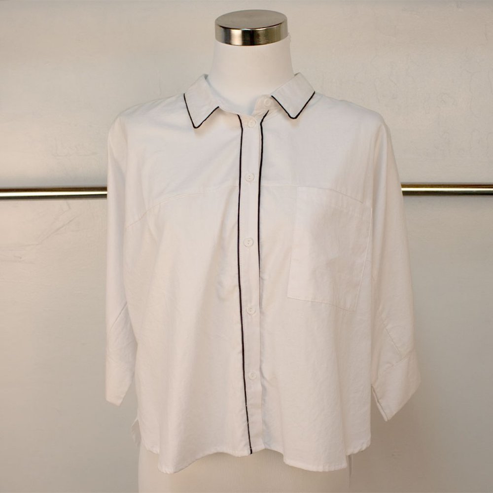 Oversized Button Up with Sheer Back and Black Trim